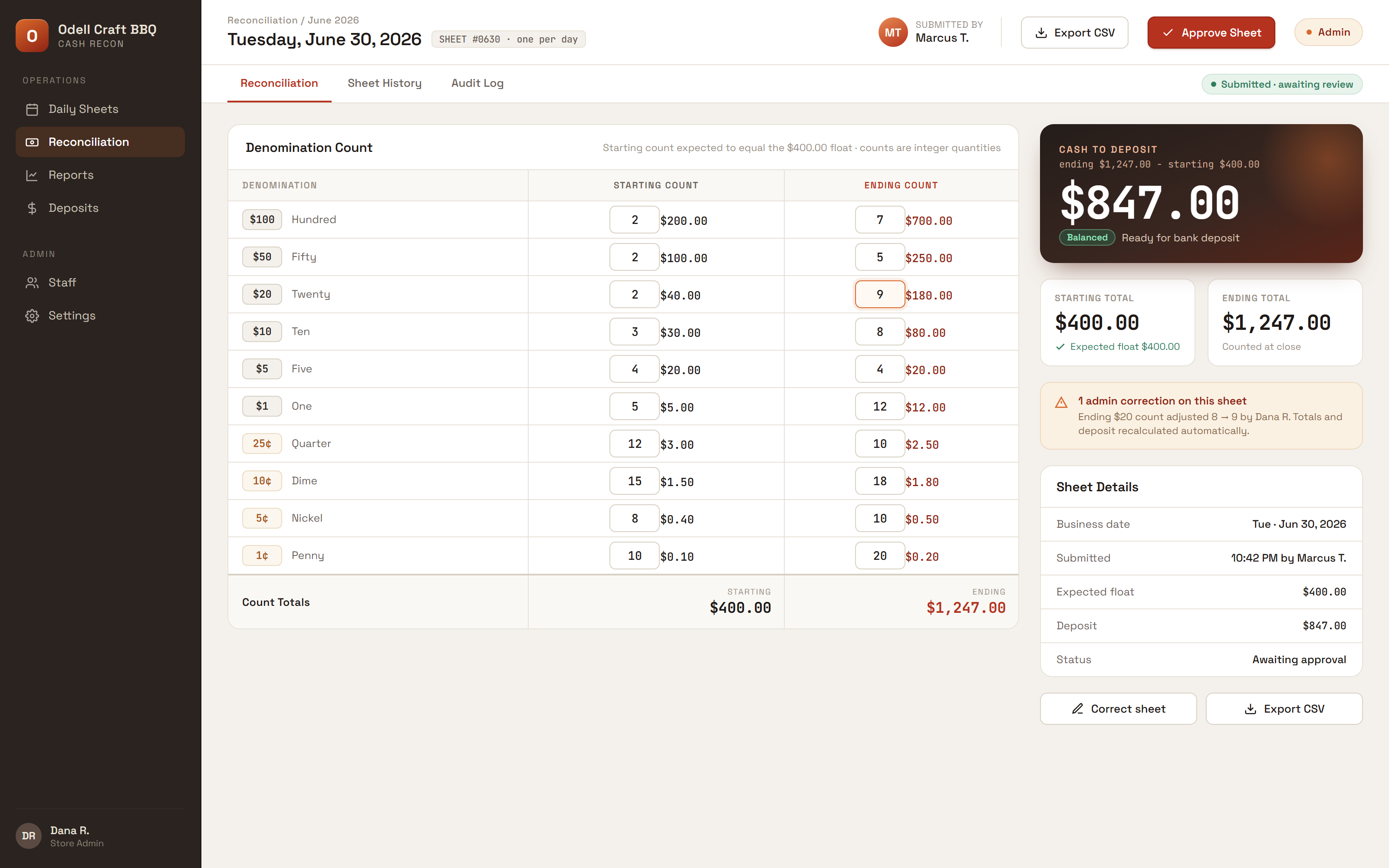 Screenshot of OdellBBQ Cash Drawer